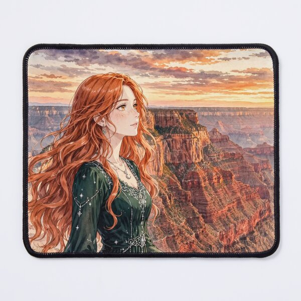 Item preview, United States Grand Canyon with a Graceful Redhead Traveler in an Elegant Emerald Dress, Dramatic Cliffs and Breathtaking Sunset Landscape designed and sold by DibujandoPorfa.
