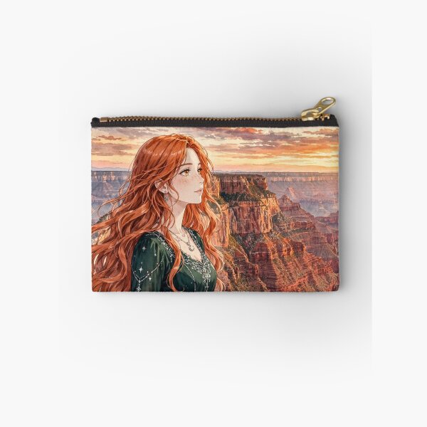 Item preview, United States Grand Canyon with a Graceful Redhead Traveler in an Elegant Emerald Dress, Dramatic Cliffs and Breathtaking Sunset Landscape designed and sold by DibujandoPorfa.