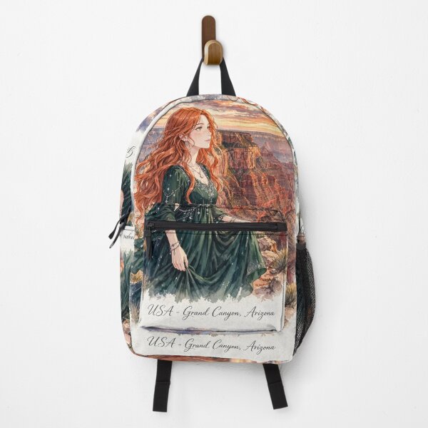 Item preview, United States Grand Canyon with a Graceful Redhead Traveler in an Elegant Emerald Dress, Dramatic Cliffs and Breathtaking Sunset Landscape designed and sold by DibujandoPorfa.