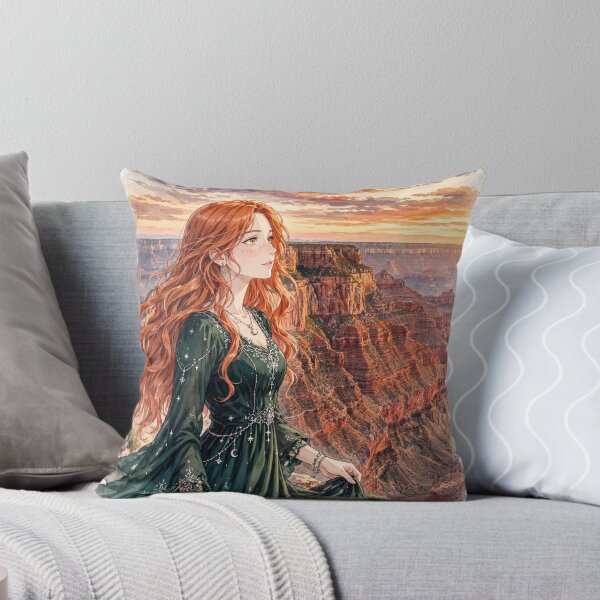 Item preview, United States Grand Canyon with a Graceful Redhead Traveler in an Elegant Emerald Dress, Dramatic Cliffs and Breathtaking Sunset Landscape designed and sold by DibujandoPorfa.