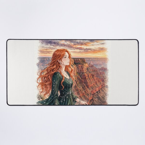 Item preview, United States Grand Canyon with a Graceful Redhead Traveler in an Elegant Emerald Dress, Dramatic Cliffs and Breathtaking Sunset Landscape designed and sold by DibujandoPorfa.