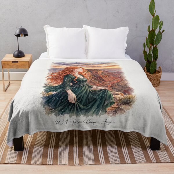 Item preview, United States Grand Canyon with a Graceful Redhead Traveler in an Elegant Emerald Dress, Dramatic Cliffs and Breathtaking Sunset Landscape designed and sold by DibujandoPorfa.