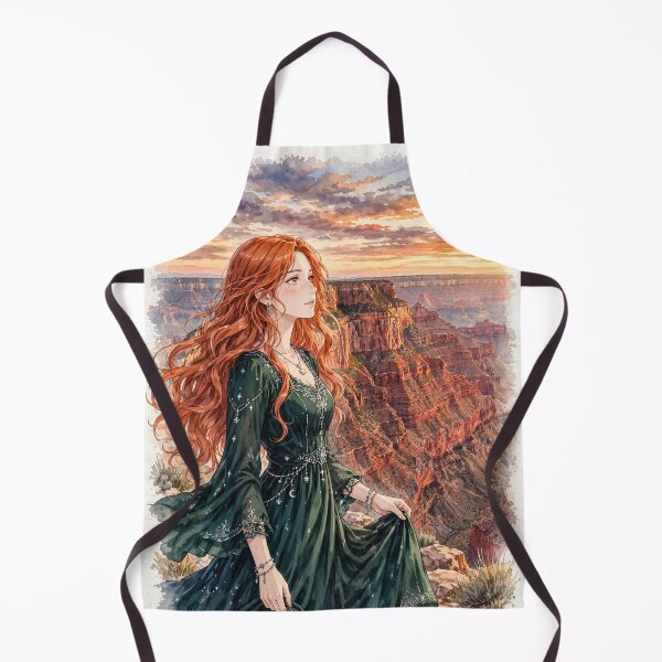 Item preview, United States Grand Canyon with a Graceful Redhead Traveler in an Elegant Emerald Dress, Dramatic Cliffs and Breathtaking Sunset Landscape designed and sold by DibujandoPorfa.