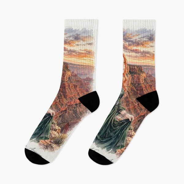 Item preview, United States Grand Canyon with a Graceful Redhead Traveler in an Elegant Emerald Dress, Dramatic Cliffs and Breathtaking Sunset Landscape designed and sold by DibujandoPorfa.