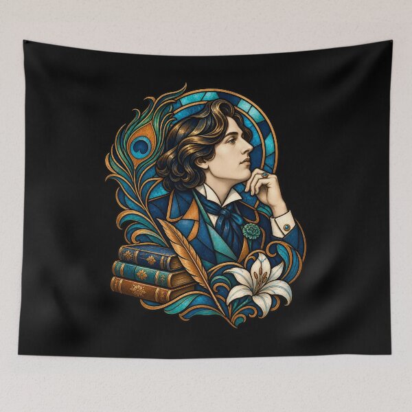 Item preview, Oscar Wilde Stained Glass Portrait in Teal and Gold designed and sold by Fenay Designs.