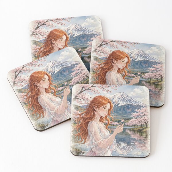 Item preview, Japan Mount Fuji with a Sweet Redhead Traveler in a Delicate Pink and White Dress, Cherry Blossoms and Peaceful Lake Landscape designed and sold by DibujandoPorfa.