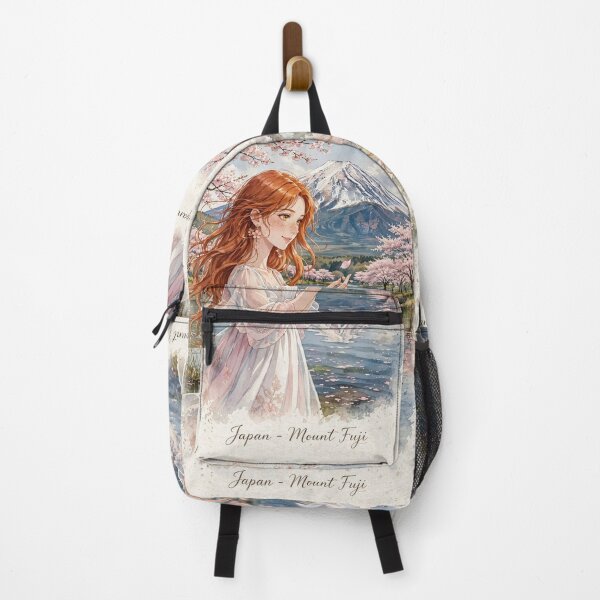 Item preview, Japan Mount Fuji with a Sweet Redhead Traveler in a Delicate Pink and White Dress, Cherry Blossoms and Peaceful Lake Landscape designed and sold by DibujandoPorfa.