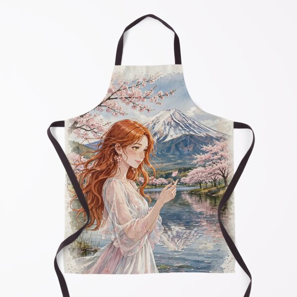 Item preview, Japan Mount Fuji with a Sweet Redhead Traveler in a Delicate Pink and White Dress, Cherry Blossoms and Peaceful Lake Landscape designed and sold by DibujandoPorfa.