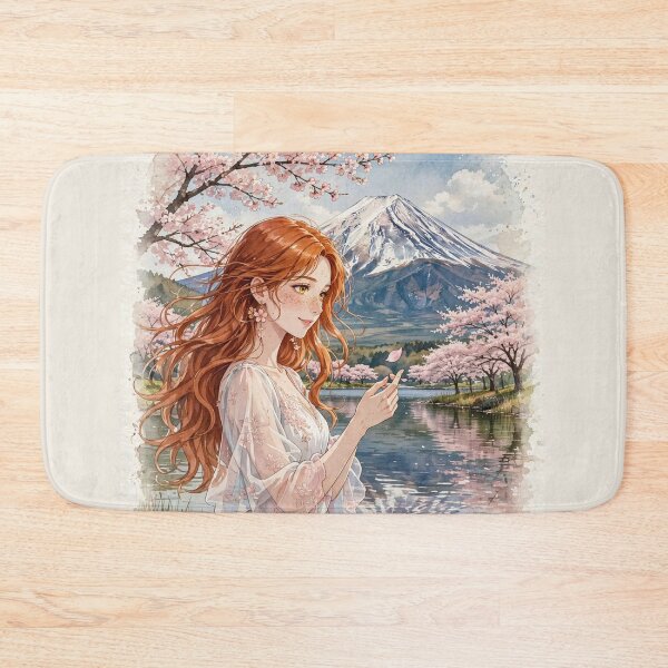 Item preview, Japan Mount Fuji with a Sweet Redhead Traveler in a Delicate Pink and White Dress, Cherry Blossoms and Peaceful Lake Landscape designed and sold by DibujandoPorfa.