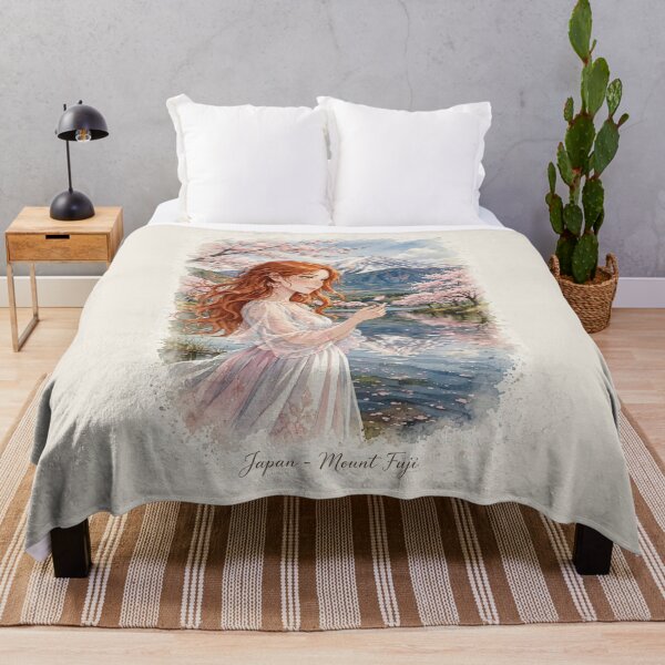 Item preview, Japan Mount Fuji with a Sweet Redhead Traveler in a Delicate Pink and White Dress, Cherry Blossoms and Peaceful Lake Landscape designed and sold by DibujandoPorfa.