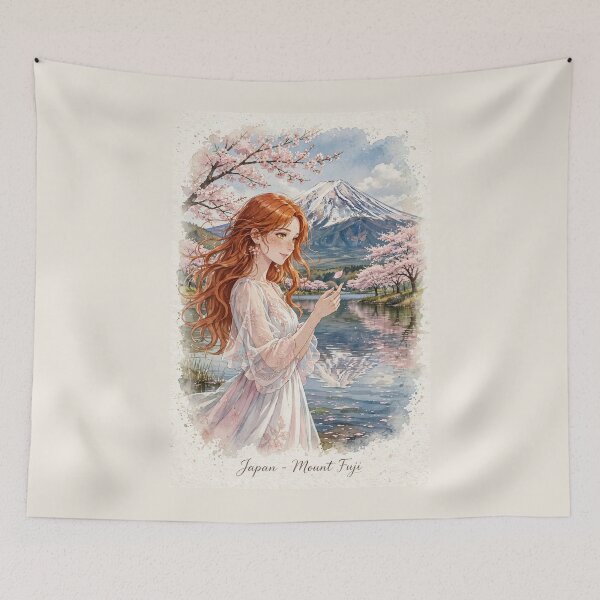 Item preview, Japan Mount Fuji with a Sweet Redhead Traveler in a Delicate Pink and White Dress, Cherry Blossoms and Peaceful Lake Landscape designed and sold by DibujandoPorfa.