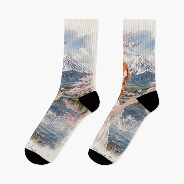 Item preview, Japan Mount Fuji with a Sweet Redhead Traveler in a Delicate Pink and White Dress, Cherry Blossoms and Peaceful Lake Landscape designed and sold by DibujandoPorfa.