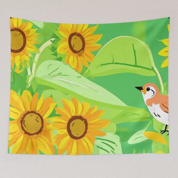 Item preview, Whimsical Sunflowers & Sparrows Garden Illustration designed and sold by BLUESKY11a.