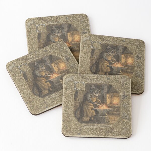Item preview, Medieval Cat Blacksmith Forging a Tiny Sword Manuscript Art designed and sold by PictorialWhimsy.