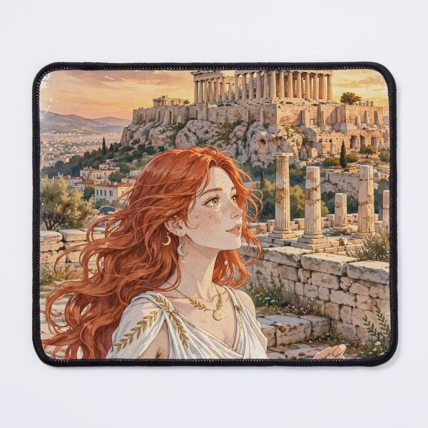 Item preview, Greece Athens Acropolis with an Elegant Redhead Traveler in a Flowing White Dress, Ancient Ruins and Golden Mediterranean Sunset designed and sold by DibujandoPorfa.