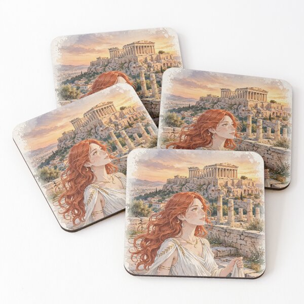Item preview, Greece Athens Acropolis with an Elegant Redhead Traveler in a Flowing White Dress, Ancient Ruins and Golden Mediterranean Sunset designed and sold by DibujandoPorfa.