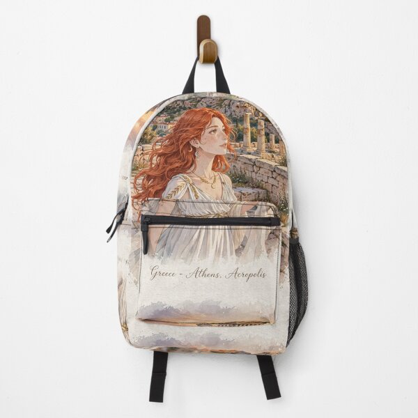 Item preview, Greece Athens Acropolis with an Elegant Redhead Traveler in a Flowing White Dress, Ancient Ruins and Golden Mediterranean Sunset designed and sold by DibujandoPorfa.