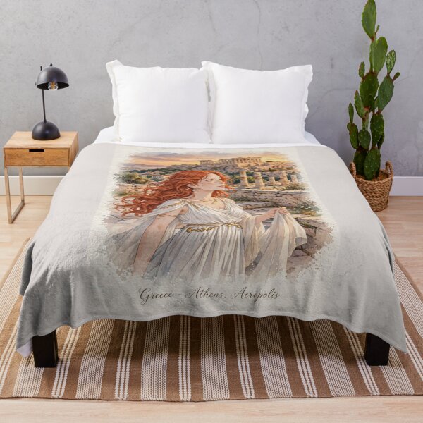 Item preview, Greece Athens Acropolis with an Elegant Redhead Traveler in a Flowing White Dress, Ancient Ruins and Golden Mediterranean Sunset designed and sold by DibujandoPorfa.