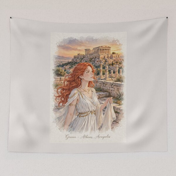 Item preview, Greece Athens Acropolis with an Elegant Redhead Traveler in a Flowing White Dress, Ancient Ruins and Golden Mediterranean Sunset designed and sold by DibujandoPorfa.