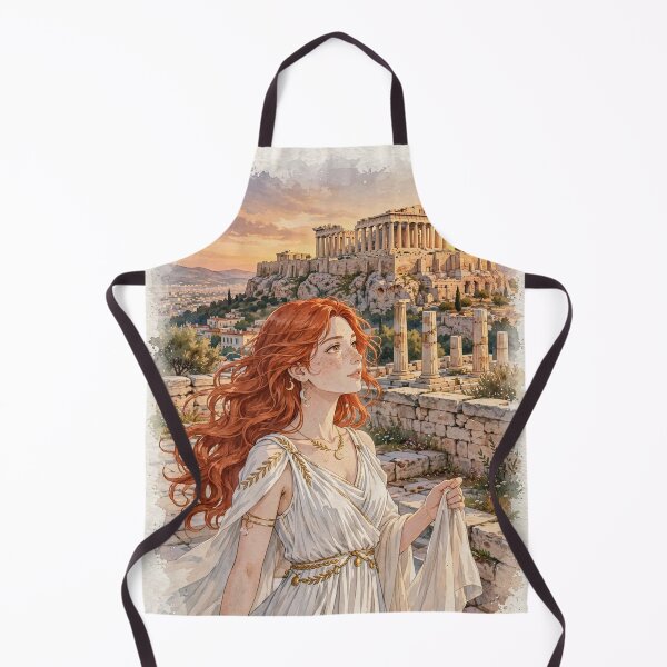 Item preview, Greece Athens Acropolis with an Elegant Redhead Traveler in a Flowing White Dress, Ancient Ruins and Golden Mediterranean Sunset designed and sold by DibujandoPorfa.
