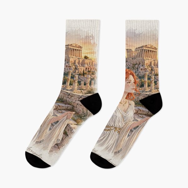 Item preview, Greece Athens Acropolis with an Elegant Redhead Traveler in a Flowing White Dress, Ancient Ruins and Golden Mediterranean Sunset designed and sold by DibujandoPorfa.