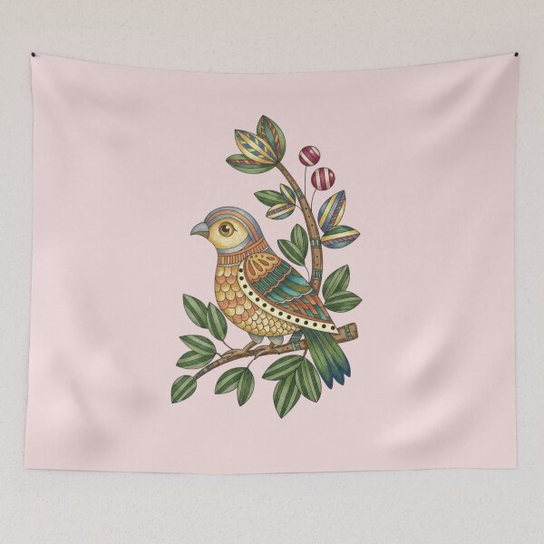 Item preview, Stylized Folk Art Bird on Botanical Branch | Indian Art designed and sold by Sakshiartwork.