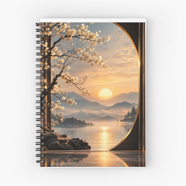 Item preview, Zen Sunrise Mountain Lake - Spring Blossoms Through Circular Window designed and sold by PrintWavePro.