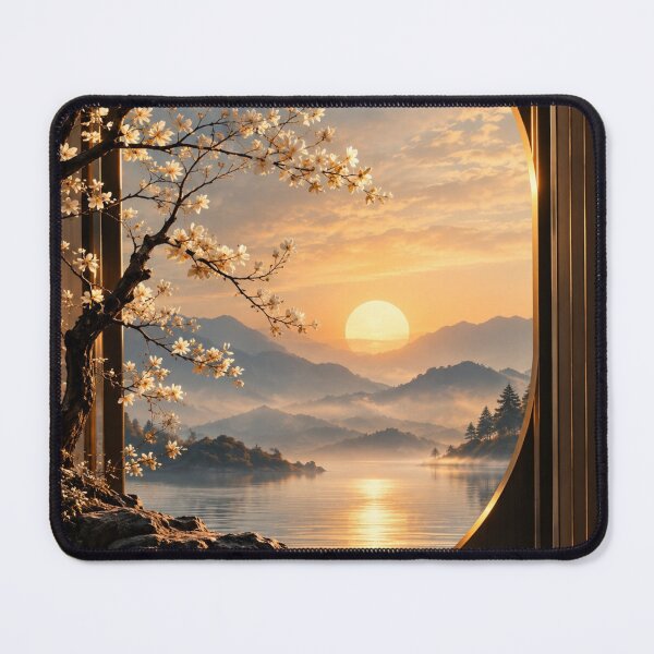 Item preview, Zen Sunrise Mountain Lake - Spring Blossoms Through Circular Window designed and sold by PrintWavePro.
