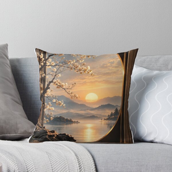 Item preview, Zen Sunrise Mountain Lake - Spring Blossoms Through Circular Window designed and sold by PrintWavePro.