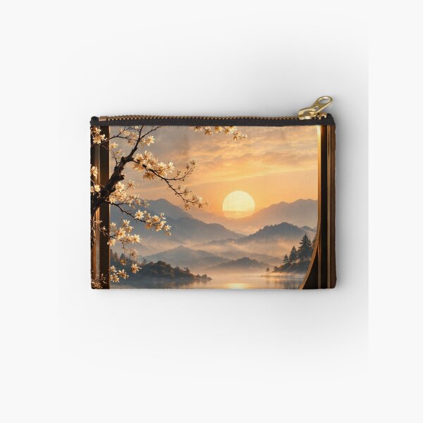 Item preview, Zen Sunrise Mountain Lake - Spring Blossoms Through Circular Window designed and sold by PrintWavePro.