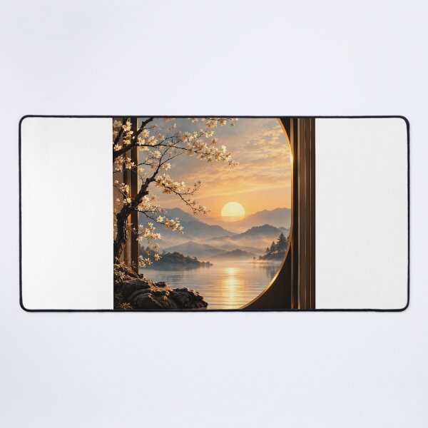 Item preview, Zen Sunrise Mountain Lake - Spring Blossoms Through Circular Window designed and sold by PrintWavePro.