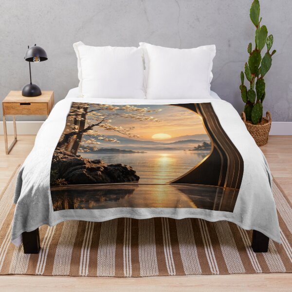 Item preview, Zen Sunrise Mountain Lake - Spring Blossoms Through Circular Window designed and sold by PrintWavePro.