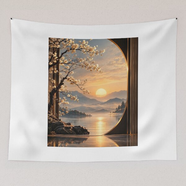 Item preview, Zen Sunrise Mountain Lake - Spring Blossoms Through Circular Window designed and sold by PrintWavePro.