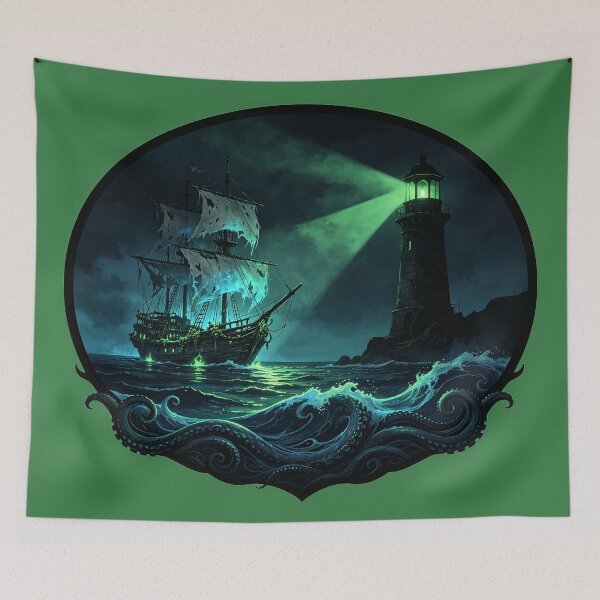 Item preview, Ghost Ship Sailing Towards Glowing Lighthouse designed and sold by LEOYinger.
