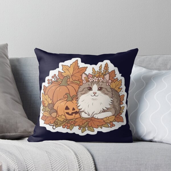 Item preview, Fluffy Cat With Flower Crown Autumn Pumpkins And Fall Leaves designed and sold by PetalsPaws.