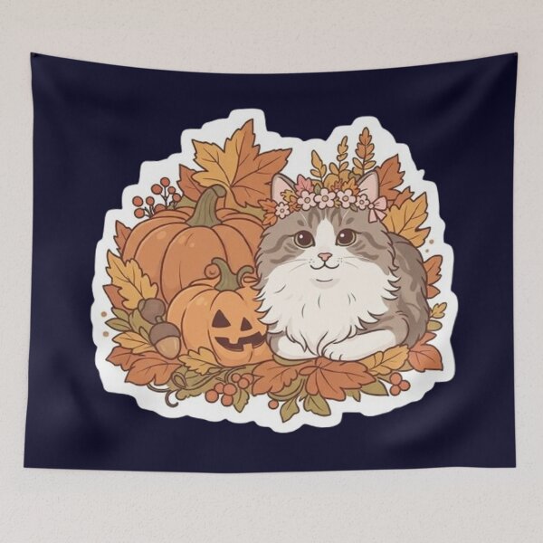 Item preview, Fluffy Cat With Flower Crown Autumn Pumpkins And Fall Leaves designed and sold by PetalsPaws.