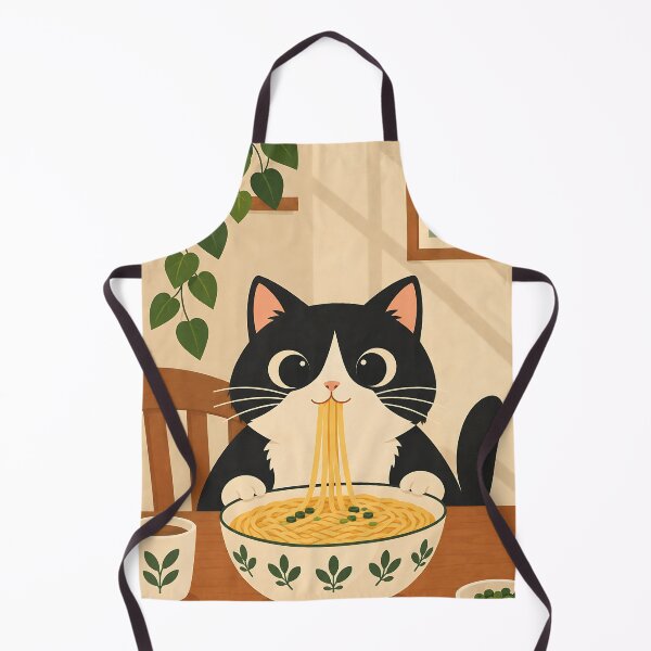 Item preview, Cute Cat Eating Noodles – Cozy Ramen Cat Kitchen Illustration designed and sold by zisad.