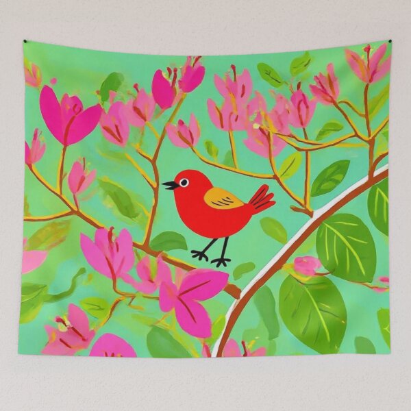Item preview, Whimsical Red Bird and Pink Bougainvillea Illustration designed and sold by BLUESKY11a.