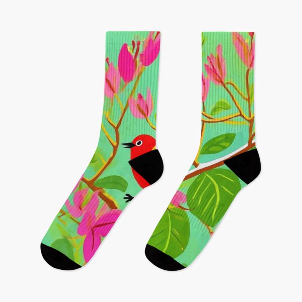 Item preview, Whimsical Red Bird and Pink Bougainvillea Illustration designed and sold by BLUESKY11a.