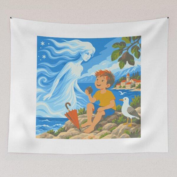 Item preview, A Gift from the Bura Wall Art, Adriatic Coastal Print, Mediterranean Folk Art, Whimsical Boy Illustration, Croatian Seaside Decor designed and sold by Studio pod Burom.