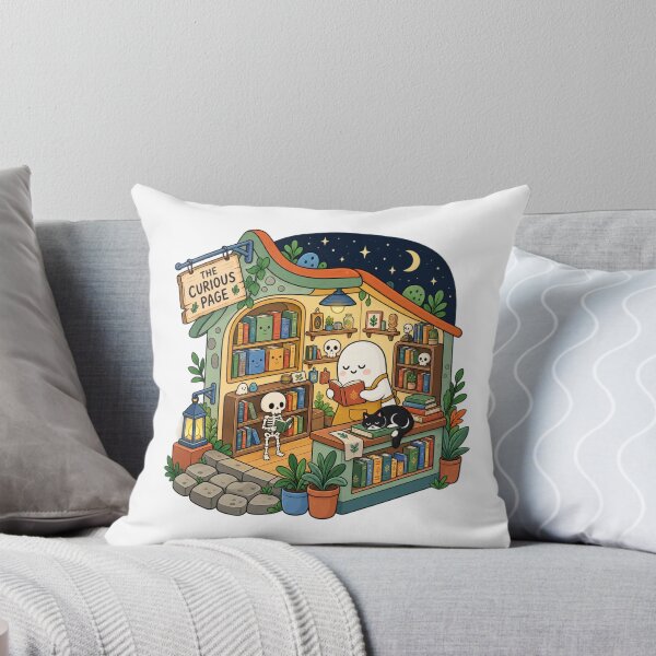 Item preview, Cozy Spooky Bookshop | Cute Ghost Reading with Black Cat and Skeleton designed and sold by MrDev.