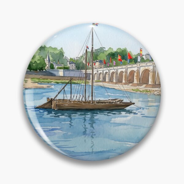 Item preview, Loire River at Tours — Traditional Gabarre & Pont Wilson digital Watercolor designed and sold by M.ALK.Watercolor.
