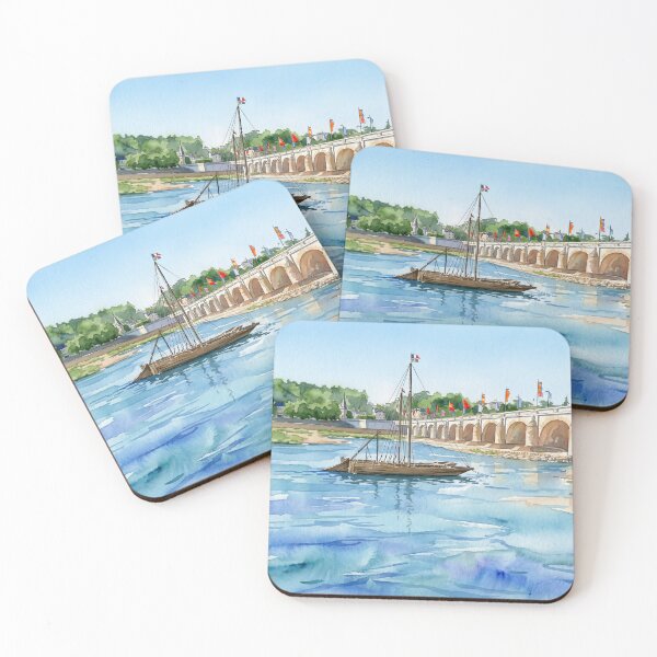 Item preview, Loire River at Tours — Traditional Gabarre & Pont Wilson digital Watercolor designed and sold by M.ALK.Watercolor.
