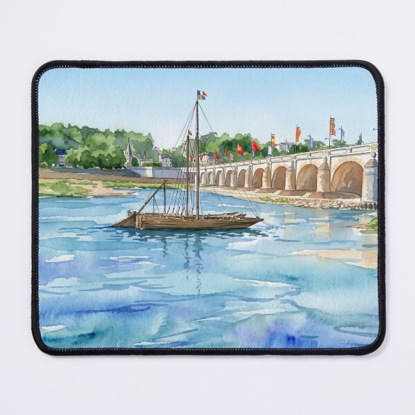 Item preview, Loire River at Tours — Traditional Gabarre & Pont Wilson digital Watercolor designed and sold by M.ALK.Watercolor.