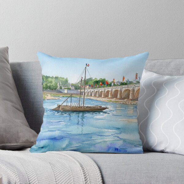 Item preview, Loire River at Tours — Traditional Gabarre & Pont Wilson digital Watercolor designed and sold by M.ALK.Watercolor.