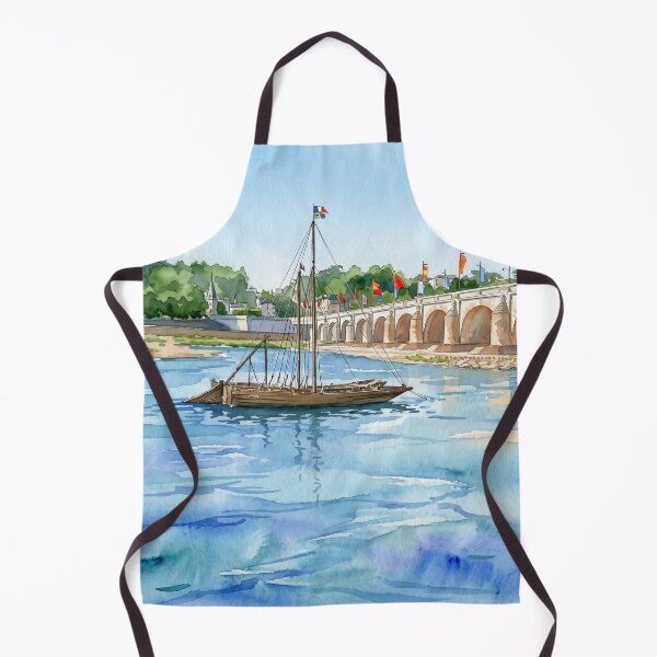 Item preview, Loire River at Tours — Traditional Gabarre & Pont Wilson digital Watercolor designed and sold by M.ALK.Watercolor.