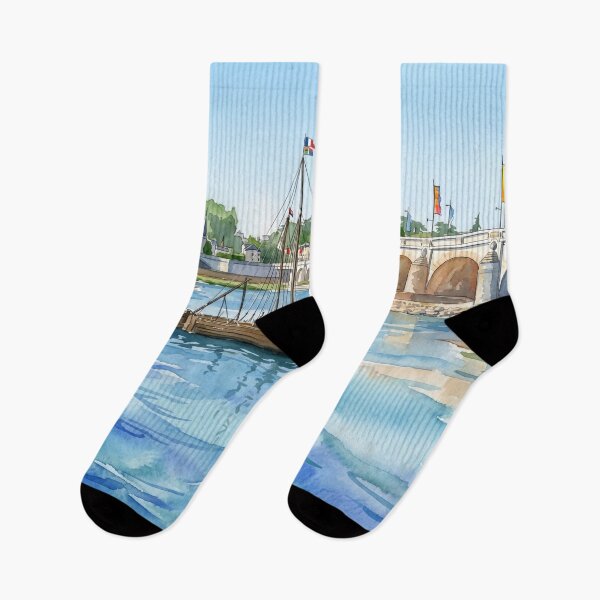 Item preview, Loire River at Tours — Traditional Gabarre & Pont Wilson digital Watercolor designed and sold by M.ALK.Watercolor.