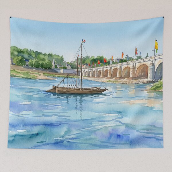 Item preview, Loire River at Tours — Traditional Gabarre & Pont Wilson digital Watercolor designed and sold by M.ALK.Watercolor.