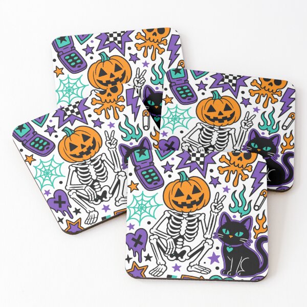 Item preview, Retro Halloween Doodle Sheet Skeleton And Cat Tee designed and sold by Design Vibras.