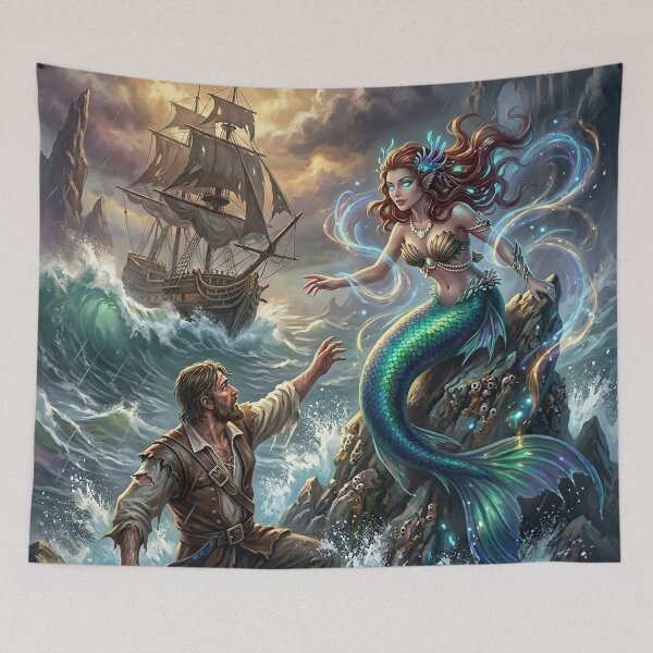 Item preview, Mermaid Luring a Sailor on Rocky Shores designed and sold by Lucid Dream Pixel.